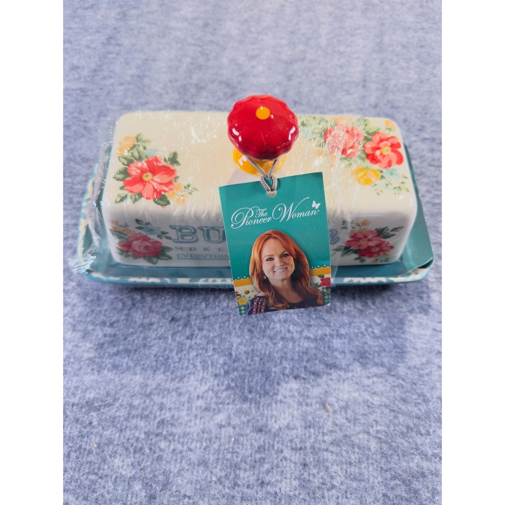 The Pioneer Woman Vintage Floral Ceramic Butter Dish with Lid Teal Red Flower
